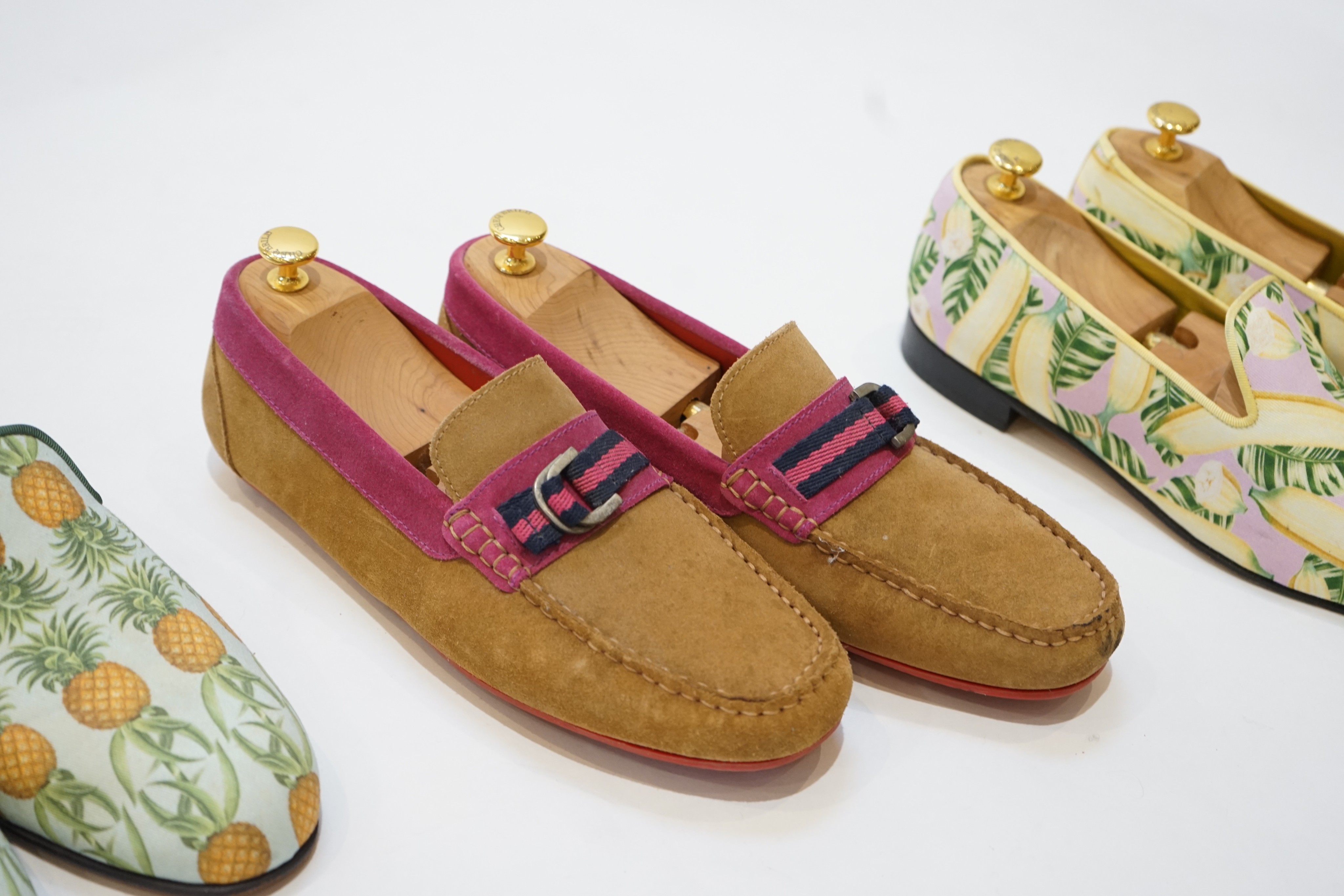 Three pairs of gentleman's Gresham Blake loafers; canvas pineapple print, size 44, canvas bananas, size 43 & suede, size 42.